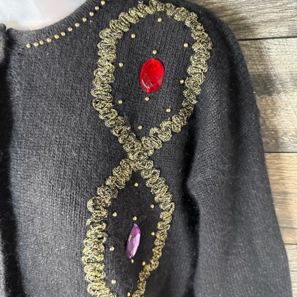 80s Bling Casino Grandma Cardigan Black Beaded Jewel Button Silk Angora Small S - Picture 2 of 9